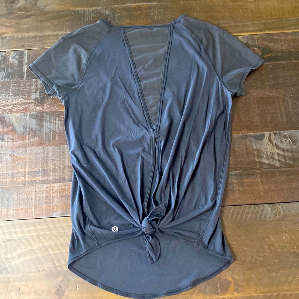 Lululemon Tie Back Black Mesh Short Sleeve Top